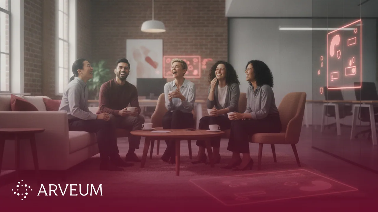 Symbolbild Cultural Fit: ein vielfältiges Team und eine Kandidatin verstehen sich sichtlich gut in einer offenen Büro-Lounge.