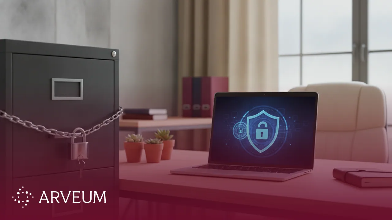 Symbolbild DSGVO im Recruiting: abschließbarer Aktenschrank und Laptop mit Schutzschild-Symbol auf einem ruhigen Schreibtisch.