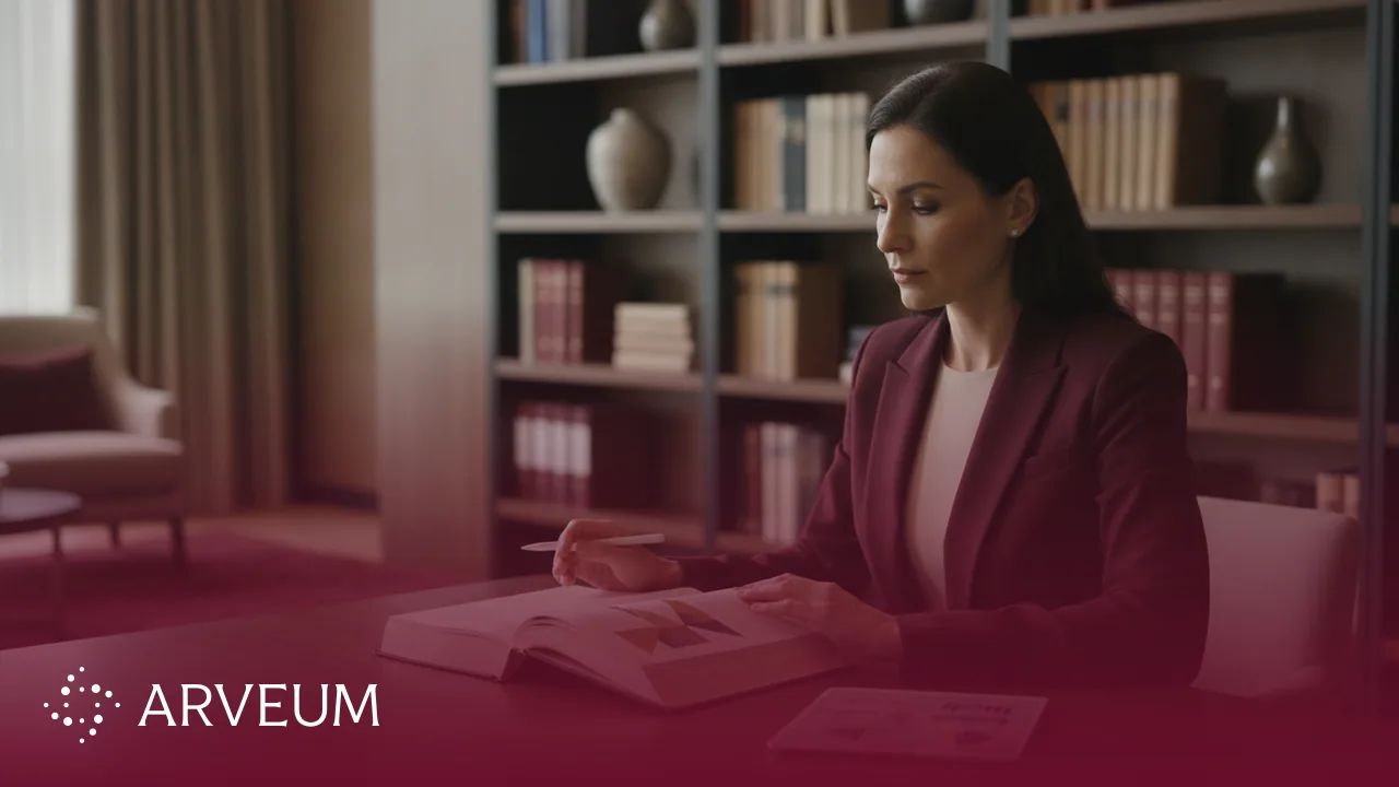 Symbolbild Recruiting-Lexikon: eine Fachkraft vertieft sich in einem hellen, modernen Büro in ein aufgeschlagenes Nachschlagewerk und ein Tablet.