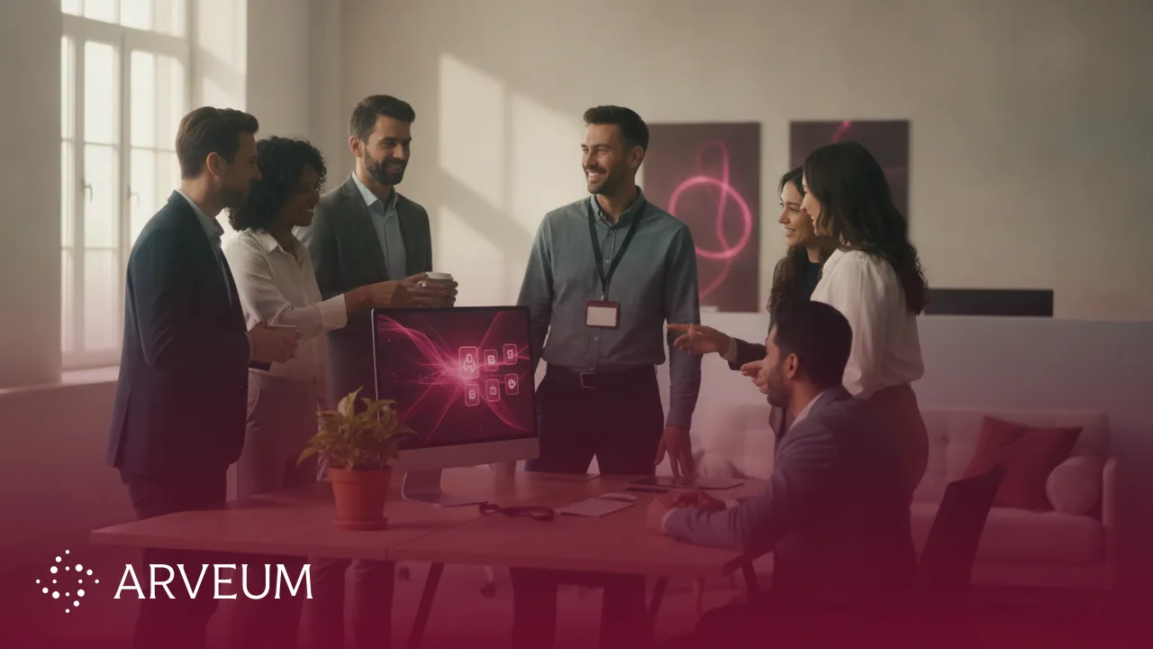 Symbolbild Onboarding: ein neuer Mitarbeiter wird am eingerichteten Arbeitsplatz von einem freundlichen Team begrüßt.