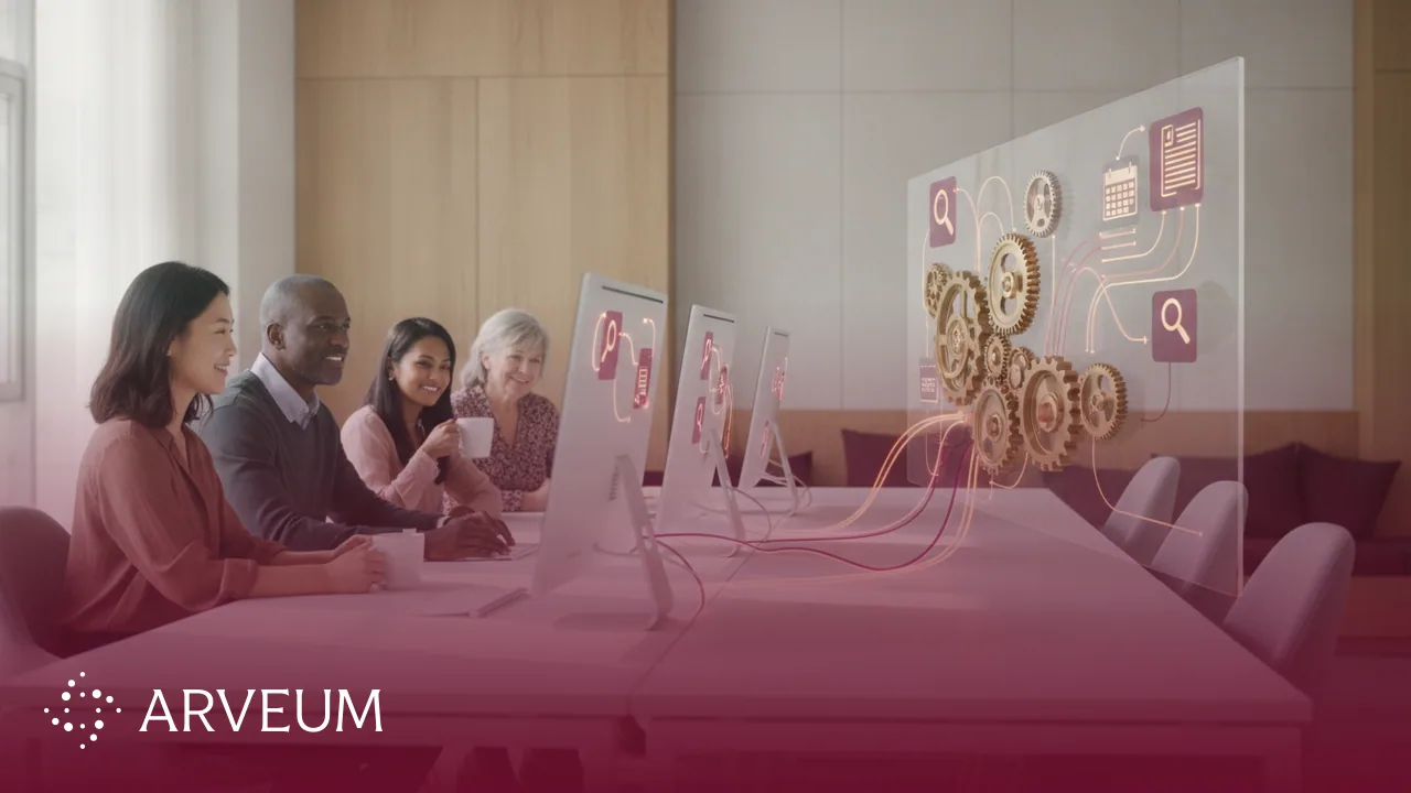 Symbolbild Recruiting-Automatisierung: ein Recruiter wird von einem automatisierten Workflow mit Zahnrädern entlastet.