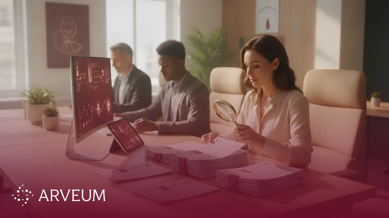 Symbolbild Screening: ein Recruiter sichtet und sortiert eingehende Bewerbungen am Schreibtisch.